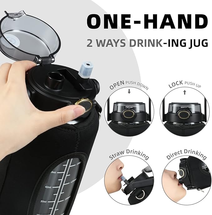 Half Gallon 64oz Glass Water Bottle with Straw and Storage Sleeve Motivational Water Bottle with Strap and Time to Drink 2L Leakproof Reusable Water Jug for Fitness Gym and Outdoors