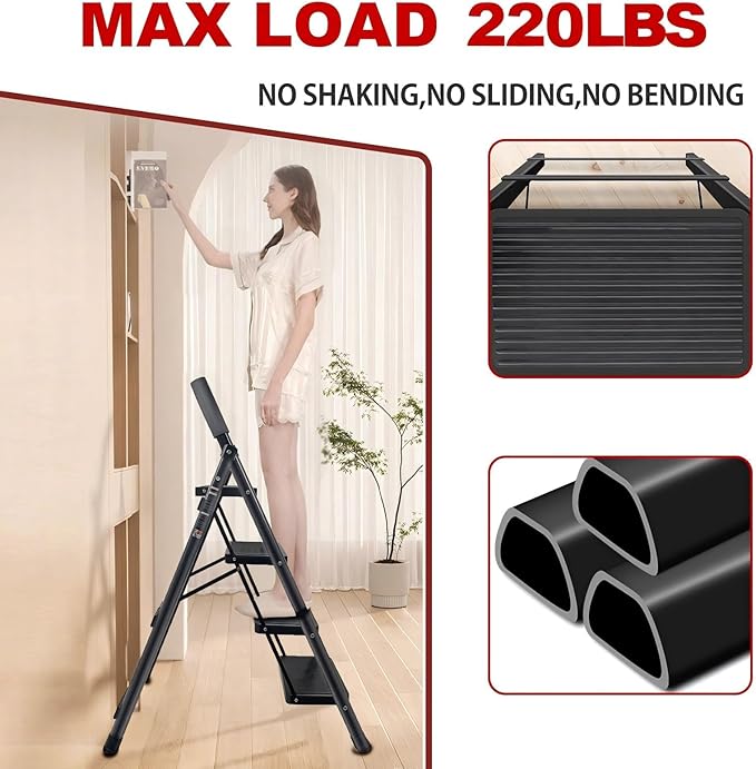 4 Step Ladder with Anti-Slip and Wide Pedal 220 lbs Capacity Folding Step Ladder for Household Kitchen Office(F-Black, 4-Step with Handrail)