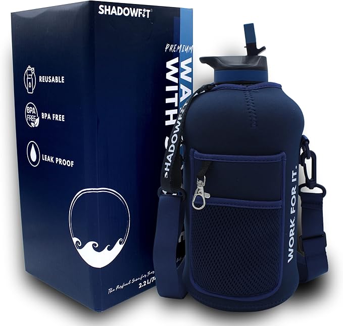 Half Gallon Water Bottles (74 ounce, 2.2 Liter) with Straw Lid Handle and Storage Sleeve - Large Jug Holder with Strap for Drinking during Workout and Exercise