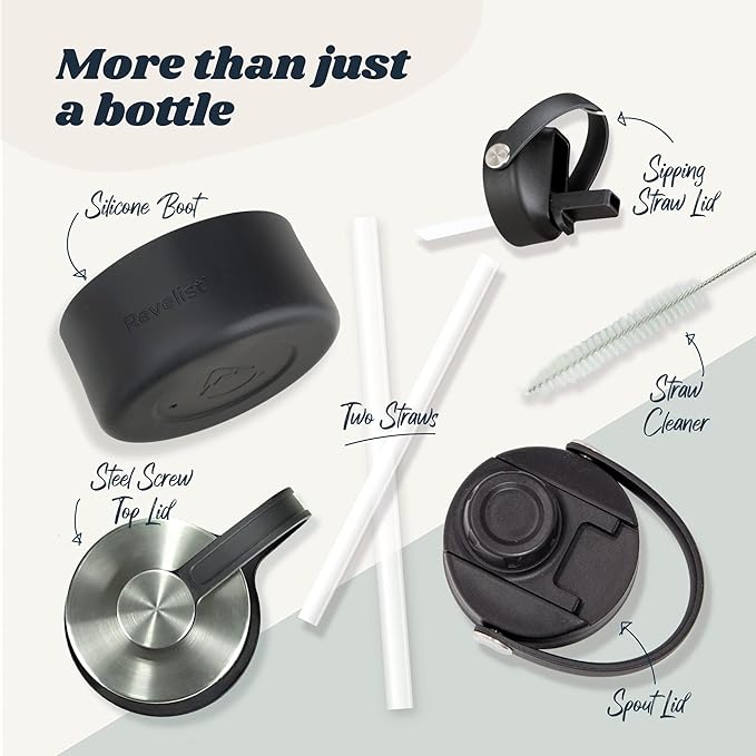 Revelist Sports Water Bottle - 32 Oz, 3 Lids (Straw Lid, Spout & Screw Top) with Boot, Vacuum Insulated Stainless Steel, Double Walled, Reusable Water Flask, Metal Canteen - Green & Black