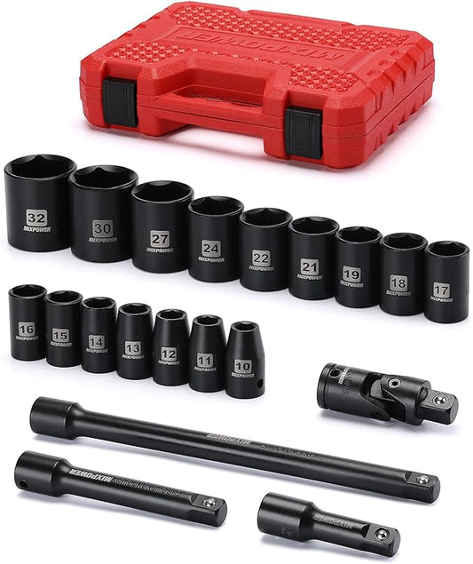 MIXPOWER 1/2-Inch Drive Shallow Impact Socket Set Metric Size 10mm-32mm CR-V 6-Point Mechanic and Repair Project 20-Piece 1/2" Shallow Sockets Set with Extension Bar and Universal Joints