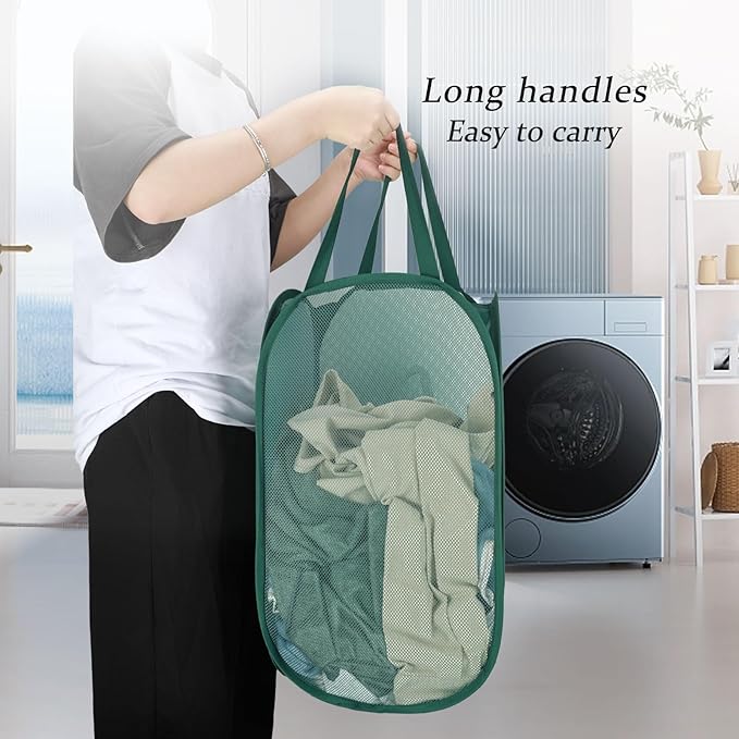 Upgraded 100L Extra Large Collapsible Laundry Baskets, 2 Pack XL Mesh Pop Up Laundry Hamper with Handles, Portable Travel Laundry Basket, Foldable Hamper. Green
