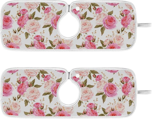 Kitchen Faucet Absorbent Mat,Pink Rose Flower Floral Water Splash Guard for Sink, Faucet Drip Catcher Thicken Sponge Microfiber Faucet Water Catcher Mat Sink Absorbent Mat for Kitchen 14x5in 2 Pack
