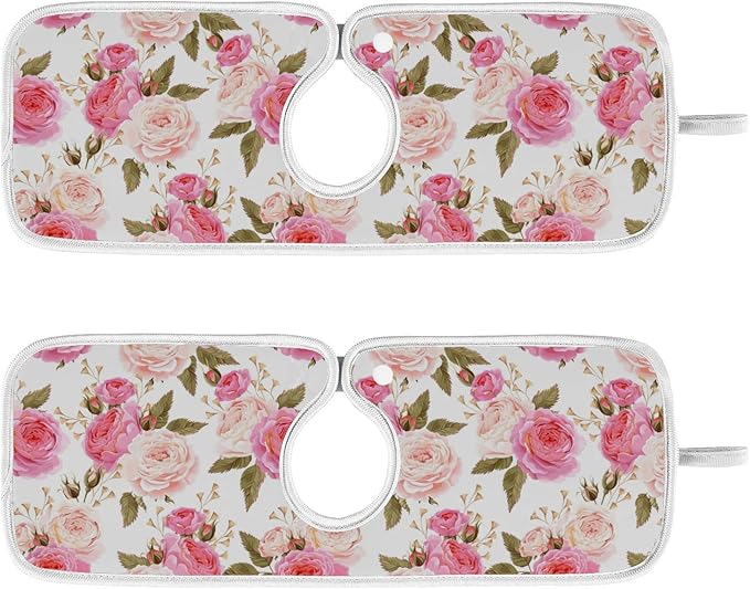 Kitchen Faucet Absorbent Mat,Pink Rose Flower Floral Water Splash Guard for Sink, Faucet Drip Catcher Thicken Sponge Microfiber Faucet Water Catcher Mat Sink Absorbent Mat for Kitchen 23x5in 2 Pack