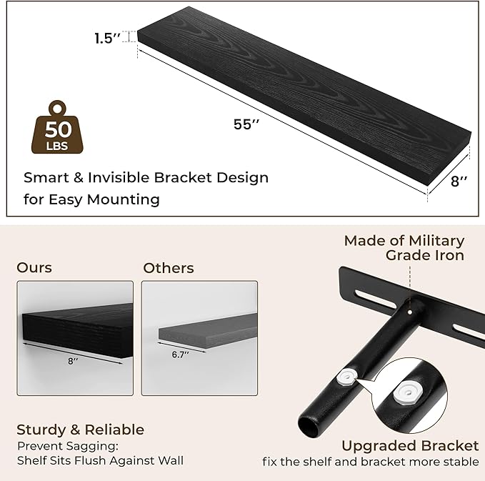 RICHFOCUS 55Inch Floating Shelves for Wall 1 Pack Shelves for Bedroom|Kitchen|Bathroom Wall Mounted Rustic Wood Floating Shelf with Invisible Brackets for Books|Storage|Decor, Black