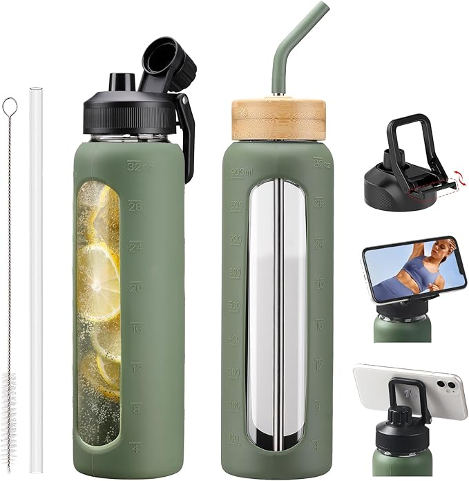 Glass Water Bottles with Straw -32oz- Water Bottle Phone Holder for Gym Large Motivational Water Bottle with Time Marker Glass Drinking Bottles 2 Lids - Spout & Bamboo Straw Lid(Olive)