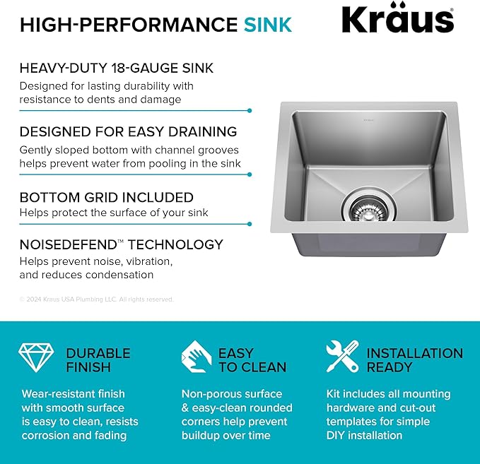KRAUS Fairlane 15-inch Undermount Single Bowl 18-Gauge Stainless Steel Kitchen Bar Sink, KHU631-15