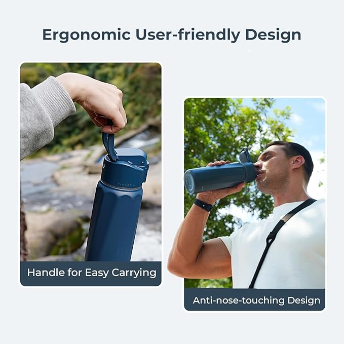 BOOST Smart Water Bottle with Reminder to Drink Water & Water Tracker Bottle - Double Wall Vacuum Insulated Water Bottle Stainless Steel, Wide Mouth 32 oz Water Bottles, Ideal for Gift - Blue