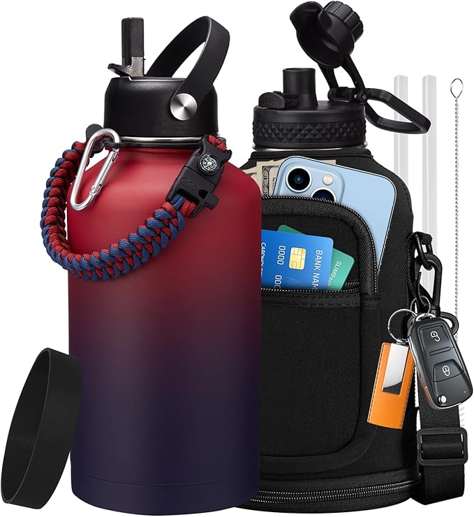 64OZ Stainless Steel Water Bottles - Half Gallon Water Bottle with Straw Lids, Reusable Vacuum Insulated Water Jug w/ Carrier Bag, Leak Proof Metal Waterbottle for Sports Gym Workout Travel Hiking