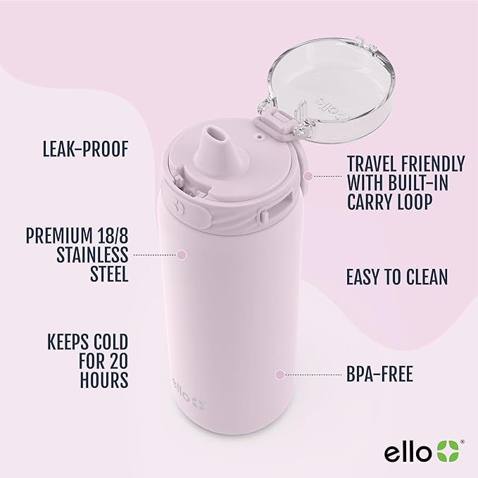 Ello Cooper 18oz Stainless Steel Water Bottle with Straw and Carry Handle, Double Walled and Vacuum Insulated Metal, Leak Proof Locking Lid with Soft Silicone Spout, Reusable, BPA Free, Cashmere Pink