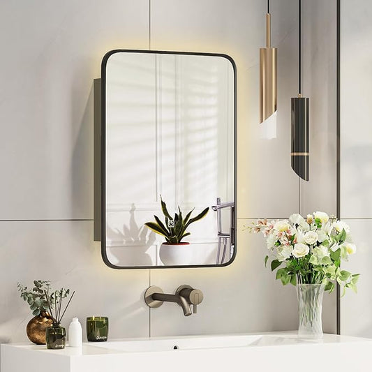 Recessed Medicine Cabinets for Bathroom Medicine Cabinet with Mirror and Lights,Backlight Lighted Medicine Cabinet,Black Medicine Cabinets Wall Mounted,Bathroom Mirror with Storage 16x24
