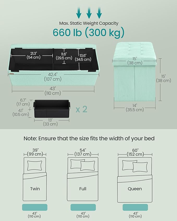 SONGMICS MAZIE Collection - Storage Ottoman Bench, Foldable Foot Rest, 15 x 43 x 15 Inches, End of Bed Bench, Storage Chest, Load 660 lb, Living Room, Bedroom, Entryway, Moonlight Green ULSF604C01