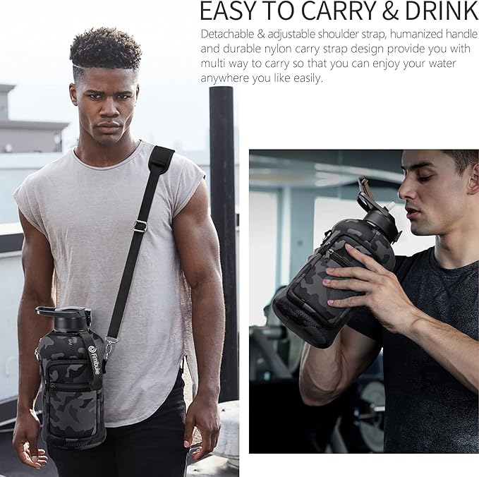 Fimibuke Half Gallon Water Bottle with Sleeve 64 OZ Water Bottle with Handle & Straw Leakproof Motivational Sports Gym Water Bottle with Time Marker BPA Free Water Jug with Reusable Neoprene Holder