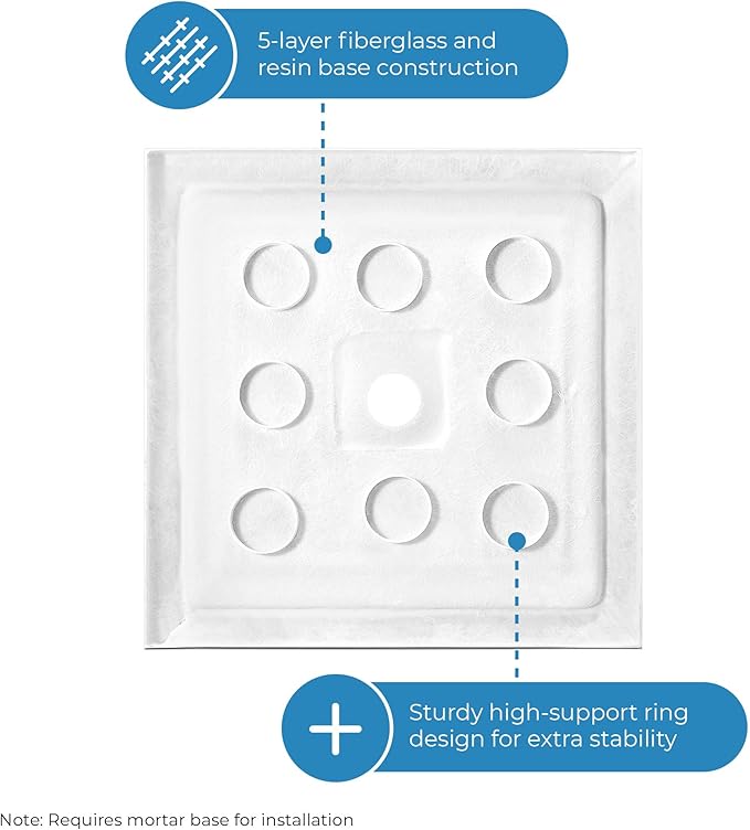 OVE Decors 34 in. W x 32 in. D Shower Base Pan Square, Center Drain, White Acrylic, Reversible Design