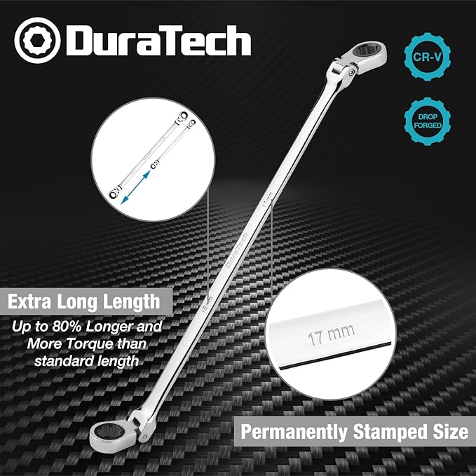 DURATECH 17 * 19 mm Extra Long Flex-Head Ratcheting Wrench, Metric, CR-V Steel