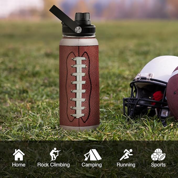SANDJEST Football Water Bottle 32oz Stainless Steel Insulated Bottles for Men Boys Sports Lovers Fan Players Coach - Softball Gifts for Birthday Christmas