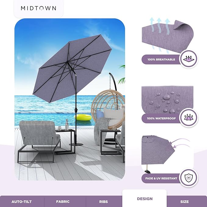 Midtown Umbrellas 10-Year-No-Fade - 9 Ft - UV Proof Purple Texture Polyester Fabric - Umbrella Outdoor Patio, Auto-Tilt Aluminum Frame Patio Umbrella for Garden, Pool & Deck - Black Pole