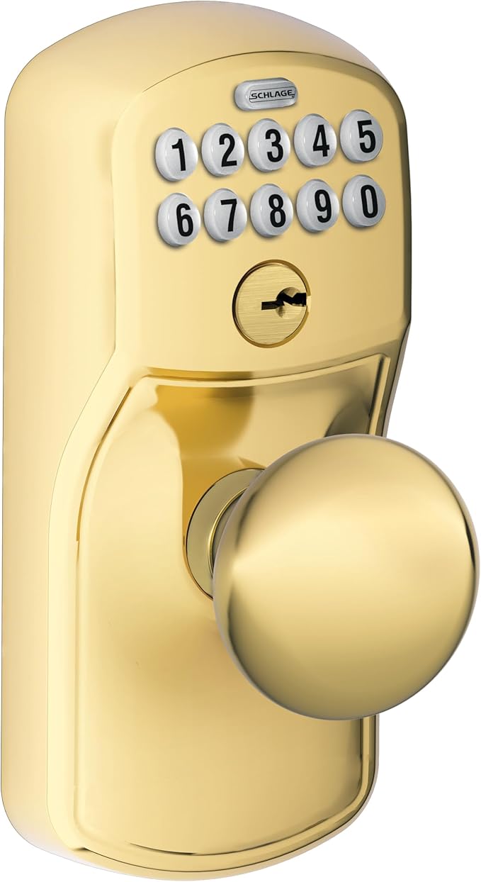 SCHLAGE FE595 PLY 505 PLY Plymouth Keypad Entry with Flex-Lock and Plymouth Style Knobs, Bright Brass