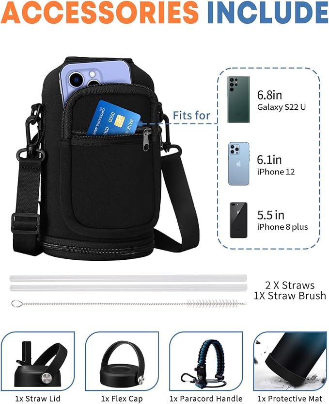 Half Gallon Insulated Water Bottle - Combo Carrier Bag with Strap, Paracord Handle, Straw & Flex Cap, Silicon Bottle Boot, Large Water Bottles 64 oz, Sweat Proof Metal Vacuum Flasks 1/2 Gallon Jug