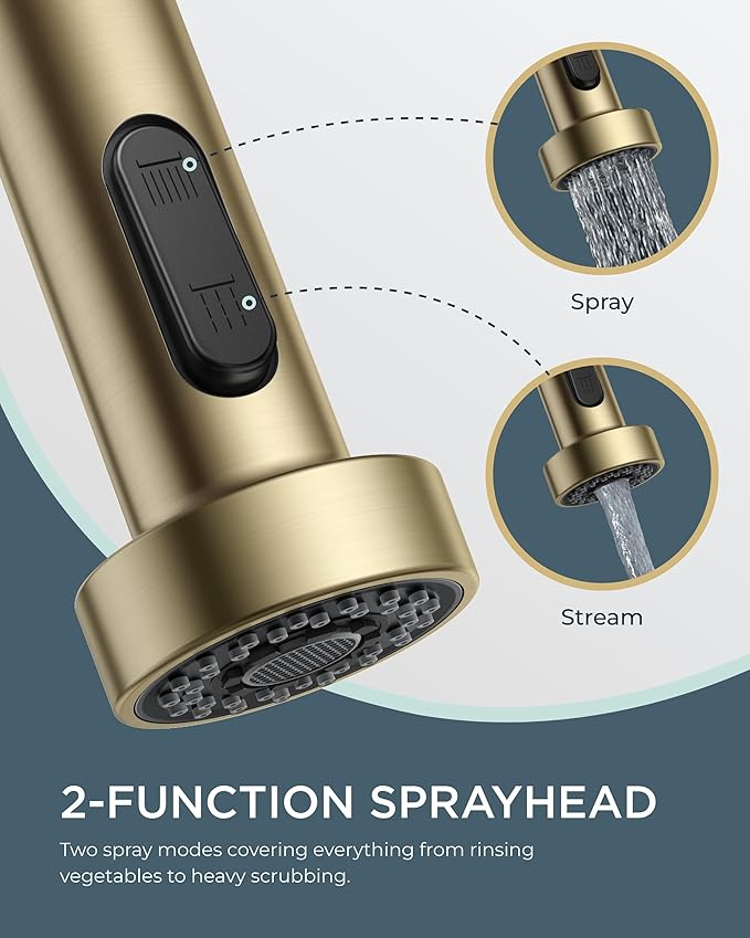 FORIOUS Kitchen Faucet with Soap Dispenser, Gold Stainless Steel Spring Sink Faucet with Pull Down Sprayer Transitional Single Handle for Pot Filler, Farmhouse Camper Bar Laundry Room