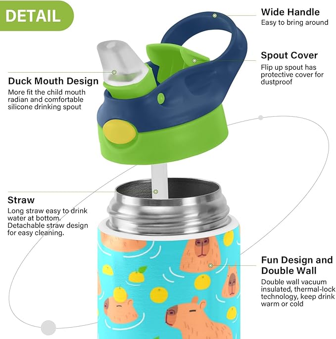 Cute Capybaras Kids Water Bottle with Straw Lemon Insulated Stainless Steel BPA-Free Sport Bottles for Boys Girls Toddlers 12 oz Green Lid