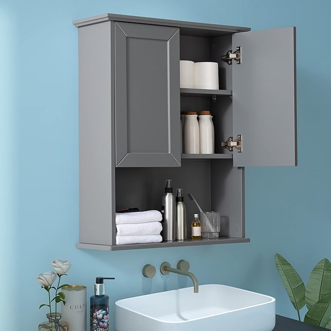 Grey Cabinet Wall Mounted with 2 Doors, Wooden Medicine Cabinet with Adjustable Shelf, 23"x 29" Over Toilet Wall Hanging Cabinets for Bathroom Bedroom, Kitchen, Laundry Room