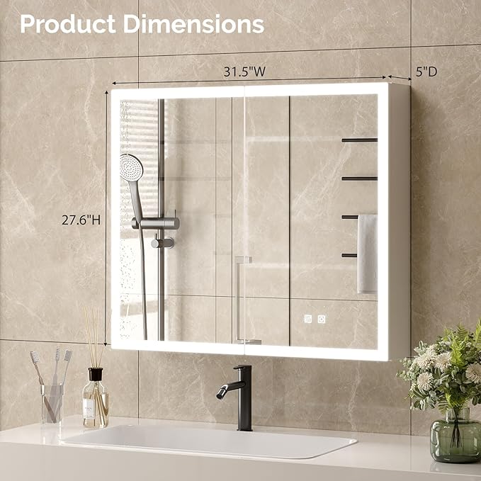 VINGLI Lighted Medicine Cabinet with Mirror Bathroom Mirror Medicine Cabinet Wall Mounted with Storage LED Lights Charging Station Defogger Modern Bathroom Mirrors for over Sink with Storage (32"*28")