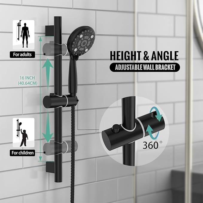 SR SUN RISE Matte Black Shower Faucet Set - 12 Inch Rain Shower Head with Adjustable Slide Bar Combo Set - Wall Mounted Rain Shower System Bathroom (Valve and Trim Kit Included)