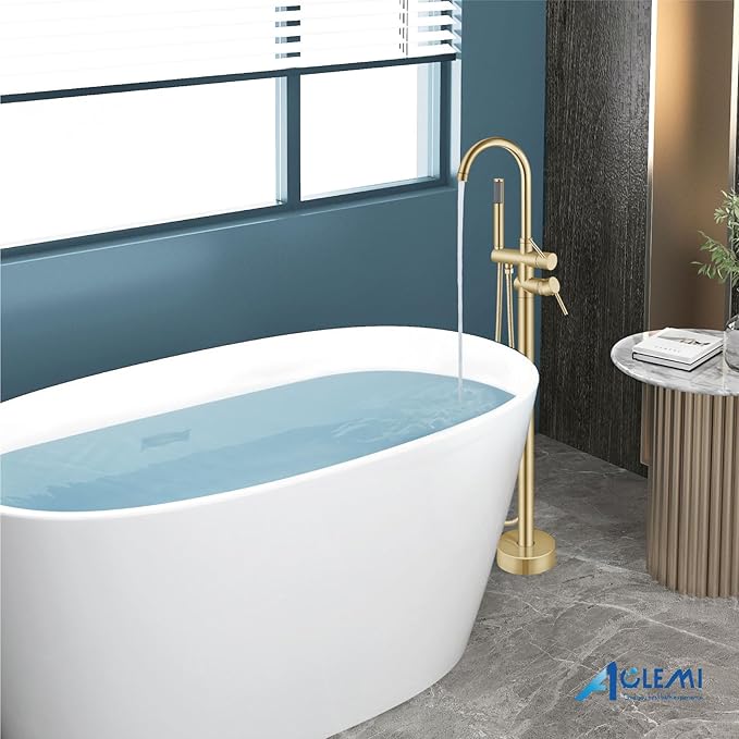 Aolemi Floor Mount Bathtub Faucet Freestanding Tub Filler Standing High Flow Shower Faucets Shower Mixer Taps, Swivel Gooseneck Spout with Cylinder Handheld Brushed Gold