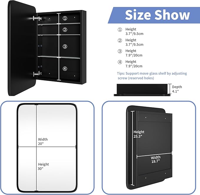 Bathroom Wood Black Cabinet with 20''x30'' Black Metal Frame Curved Mirror, Recessed Medicine Cabinet, Bathroom Storage Cabinet