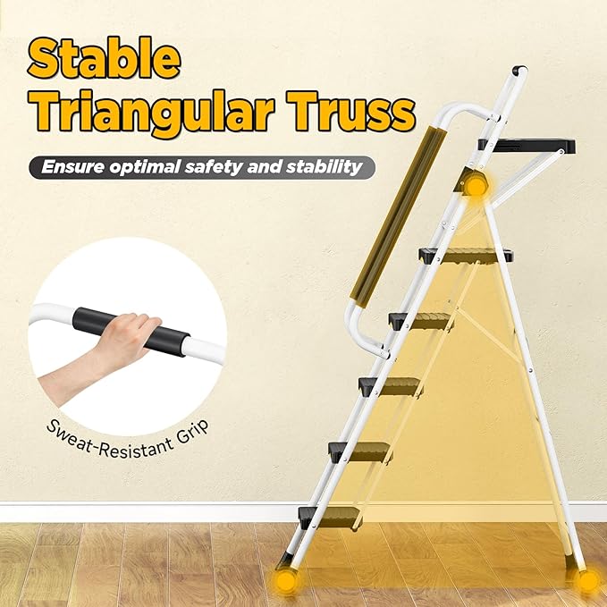 5 Step Ladder with Tool Tray, Folding Steel Step Stool with Safety Lock, Anti-Slip Wide Pedals, Pass 800lbs Load Testing, Handrail, Heavy Duty Ladder for Multi-Purpose, Indoor, Office