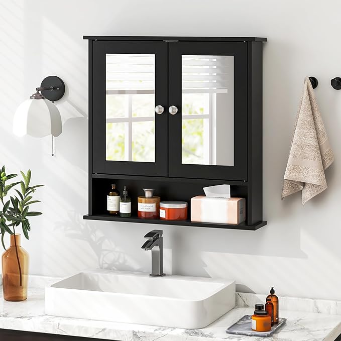 Tangkula Bathroom Medicine Cabinet with Mirror, Wall Mounted Wooden Hanging Organizer with Doors and Shelves, Bathroom Wall Mirror Cabinet (Mirror Doors, Black)