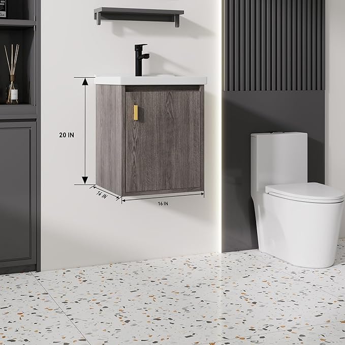 16'' Bathroom Vanity with Ceramic Sink Combo, Wall Mounted Small Bathroom Vanity with Soft-Close Door Modern Floating Cabinet, Pop-up Drain, P-Trap Included, GreyWalnut(No Faucet)