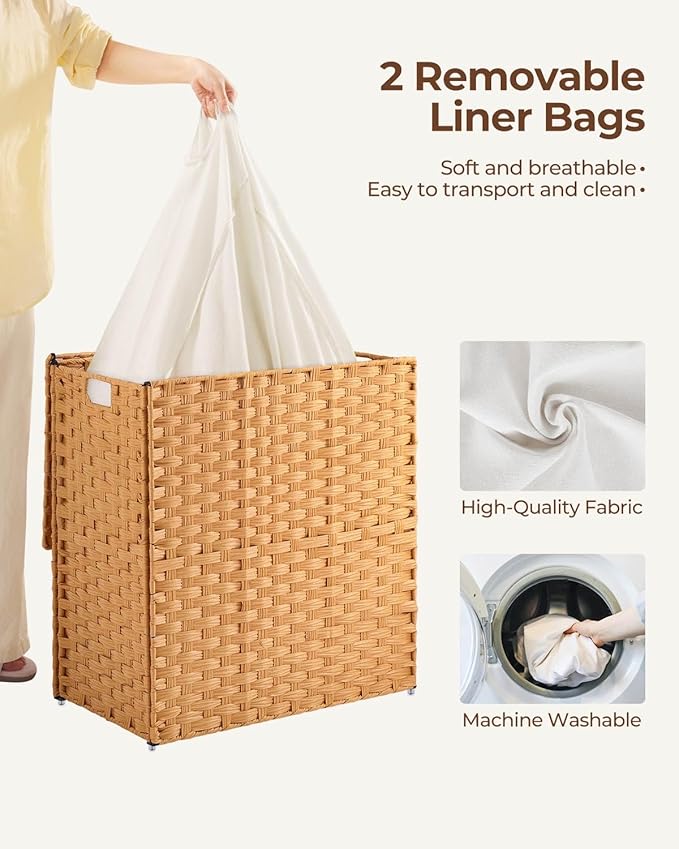 Greenstell Laundry Hamper with lid, No Install Needed, 110L Wicker Laundry Baskets Foldable 2 Removable Liner Bags, 2 Section Clothes Hamper Handwoven Rattan Laundry Basket with Handles, Natural