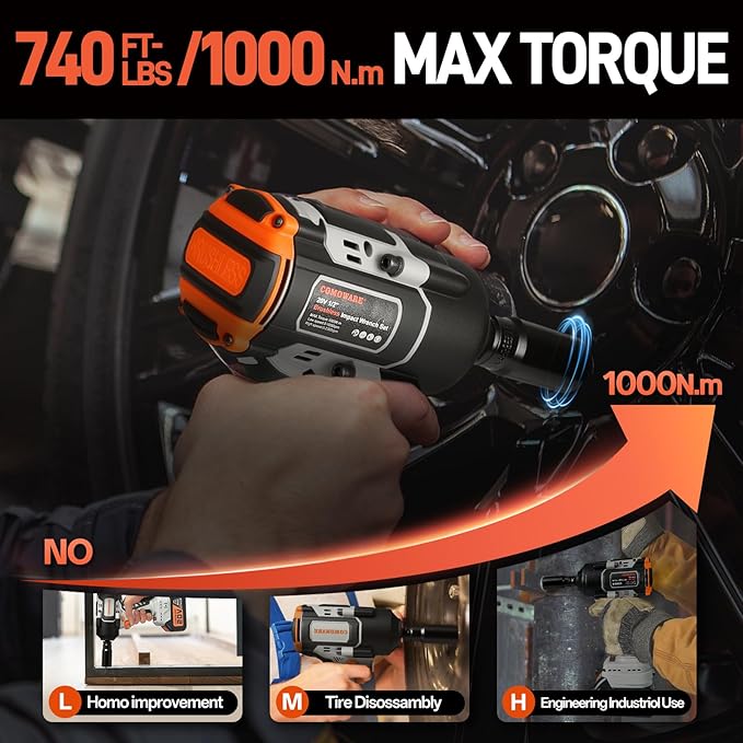 COMOWARE Cordless Impact Wrench, 1/2 Inch 1000N.m (780Ft-lbs) High Torque 20V Brushless Power Impact Driver Kit for Automotive DIY, 4.0Ah Li-ion 2 Battery, 5 Pcs Impact Sockets with Case