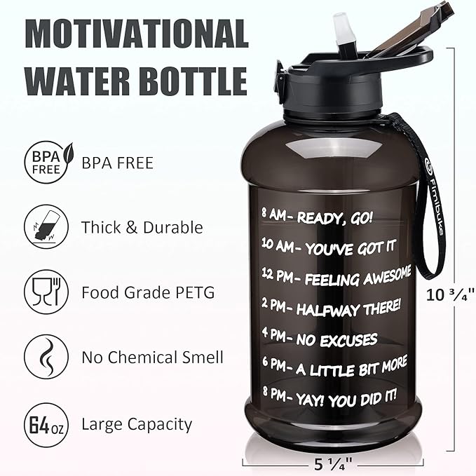 Fimibuke Half Gallon Water Bottle with Sleeve 64 OZ Water Bottle with Handle & Straw Leakproof Motivational Sports Gym Water Bottle with Time Marker BPA Free Water Jug with Reusable Neoprene Holder