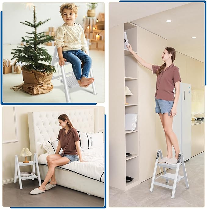 Double Elite Step Ladder 2 Step Folding, Sturdy 330 Lbs Load Step Stool for Adults, Safer Full Steel Kitchen Closet Ladder for Home, Multi-use Small Step Stool Ladder with Anti-Slip Wide Pedals, White