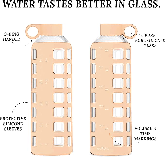 purifyou Premium Glass Water Bottles, 40/32/ 22/12 oz Reusable Drinking Bottle with Time & Volume Markings Silicone Sleeve & Stainless Steel Lid for Water, Coffee, & Fruit Juice (40oz Hazelnut)