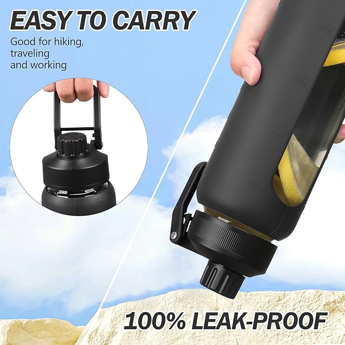 Glass Water Bottles with Straw -32oz- Water Bottle Phone Holder for Gym Large Motivational Water Bottle with Time Marker Glass Drinking Bottles 2 Lids - Spout & Bamboo Straw Lid(Black)