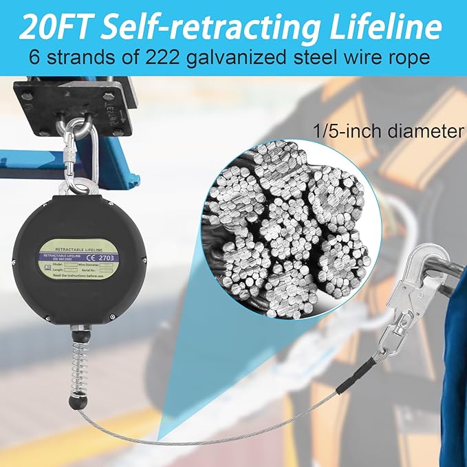 20 FT Retractable Safety Lanyard, Self Retracting Lanyard 20 FT with Inside Shock Absorber, No Tangle-20 Foot Retractable Fall Protection Lanyard Galvanized Steel Cable for Fall Arrest Roofing Gear