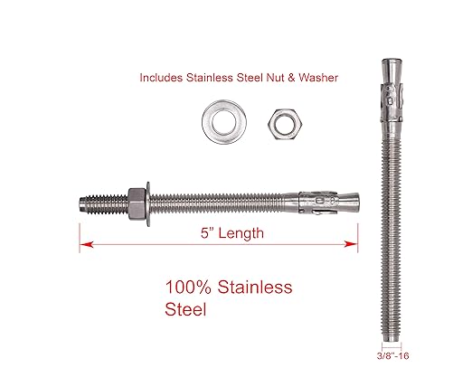 Bolt Dropper 3/8" x 5" Wedge Anchor (5 Pack), 18-8 (304) Stainless Steel Corrosion Resistance Commercial Grade Washers and Nuts Included