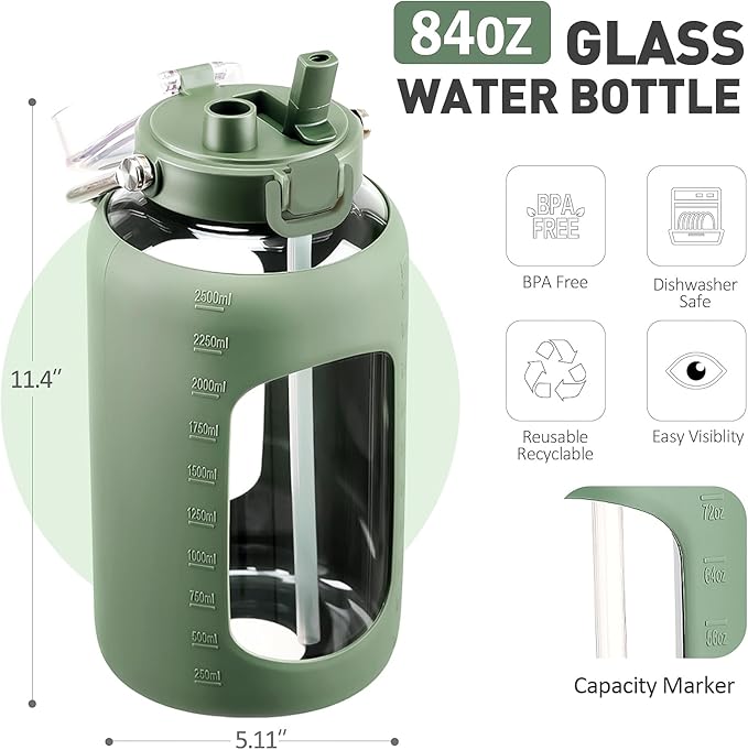 84oz Glass Water Bottle with Stainless Steel Handle,2.5L Gallon Water Bottle With 2-IN-1 Straw Lid, Silicone Sleeve and Motivational Capacity Marker, Wide Mouth Water Jug For Gym, Workout, Olive