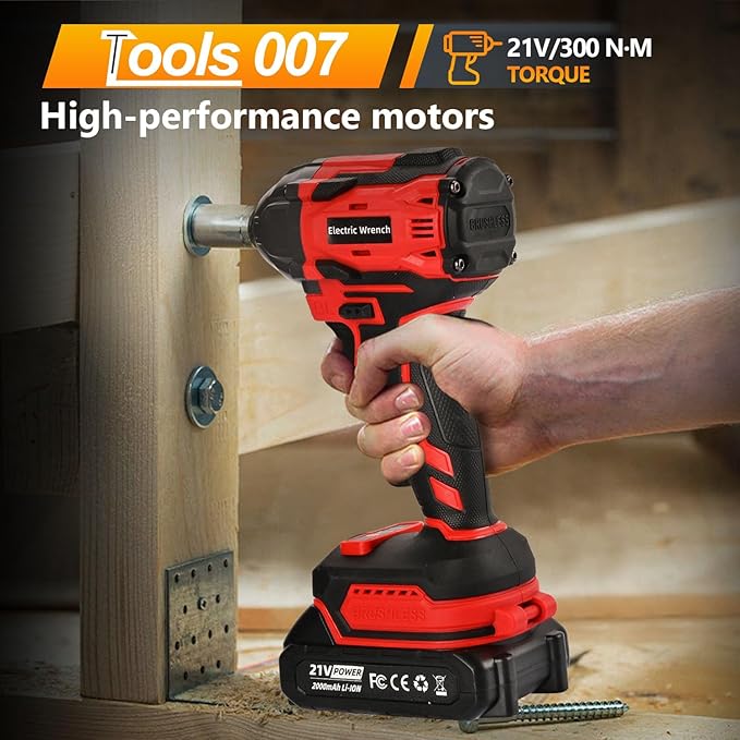 300N.m Cordless Impact Wrench, 21V Torque Power Impact Driver, 1/2" Brushless Impact Gun with 2*2.0Ah Batteries with 19 Accessories, Electric Impact Motor Variable Speeds for home installation (red)