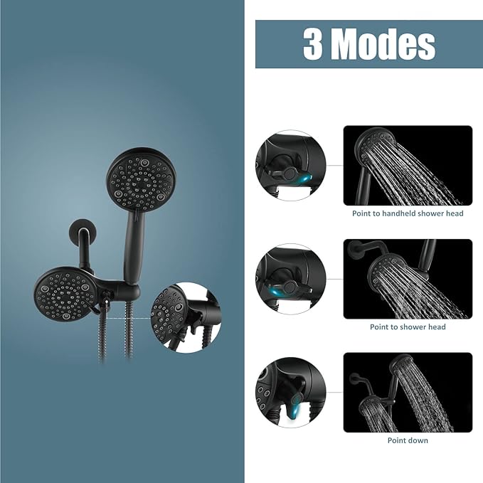 Aolemi Shower Faucet Set Rain Shower Head System Shower Trim Kit Pressure Rough-in Valve Included ABS 8 Setting Dual Shower Head and Handheld Spray Matte Black