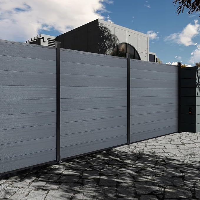 6x6 FT Wood Composite Privacy Fence Panel,Outdoor AC Unit Cover, Pool Equipment Screen, Trash Can Barrier | Weatherproof, Easy Installation, Durable Composite Fencing (Gray with 2 Post)