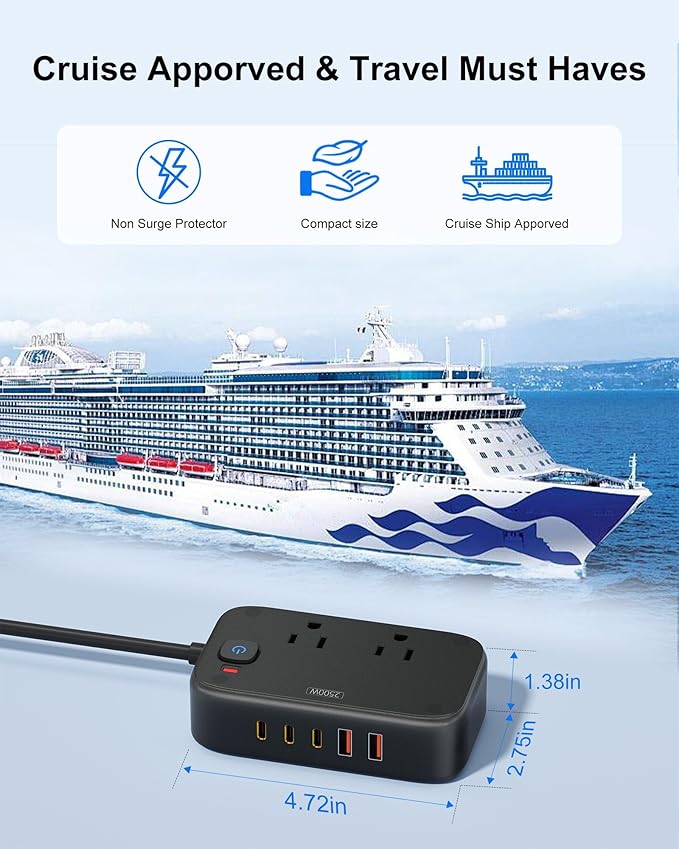 Power Strip with USB C - 40W Charging Station with 2 Outlets 3 USB C & 2 USB A - Charger for Multiple Devices, 5Ft Flat Plug Extension Cord for Travel Cruise Ship Office Dorm (Black)