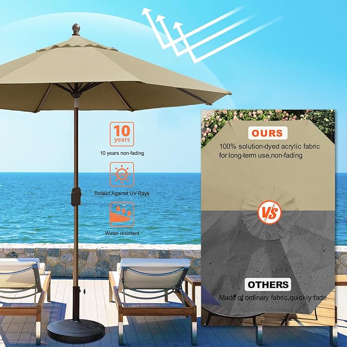 Eurmax USA 10-Year-Non-Fading 10Ft Market Umbrella Outdoor Patio Umbrella Table Umbrella with 8 Ribs,Hand Crank and Ventilation (Sand)