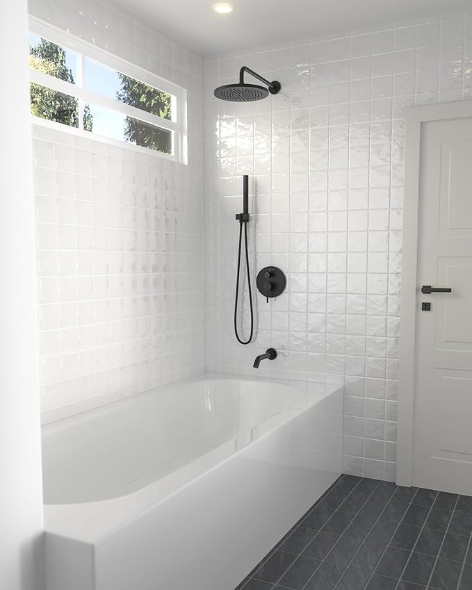 Lava Odoro Modern 3-Setting Round Rain Bathtub and Shower Faucet Set, Black Rainfall Shower Head and Handle Set, Rain Shower System with Tub Spout, Shower Valve Trim Kit, Matte Black, SF104-MB-T