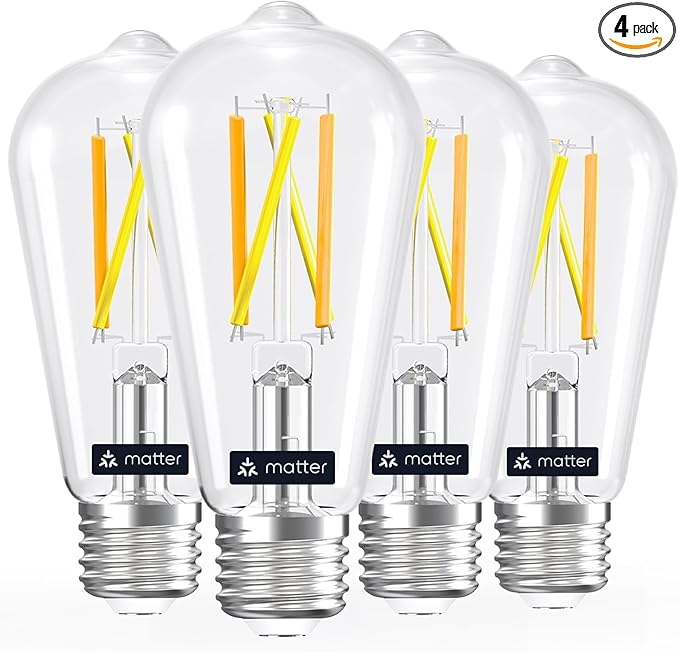 Linkind Matter Smart Light Bulb, ST19 (ST58) Smart Edison Bulbs, 2700K-6500K E26 LED Bulb 8W 60W, 800LM Edison Light Bulb, Work with Alexa, Google Home, Apple Home, SmartThings, 2.4GHz WiFi, 4-Pack