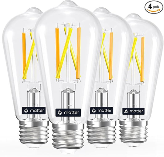 Linkind Matter Smart Light Bulb, ST19 (ST58) Smart Edison Bulbs, 2700K-6500K E26 LED Bulb 8W 60W, 800LM Edison Light Bulb, Work with Alexa, Google Home, Apple Home, SmartThings, 2.4GHz WiFi, 4-Pack